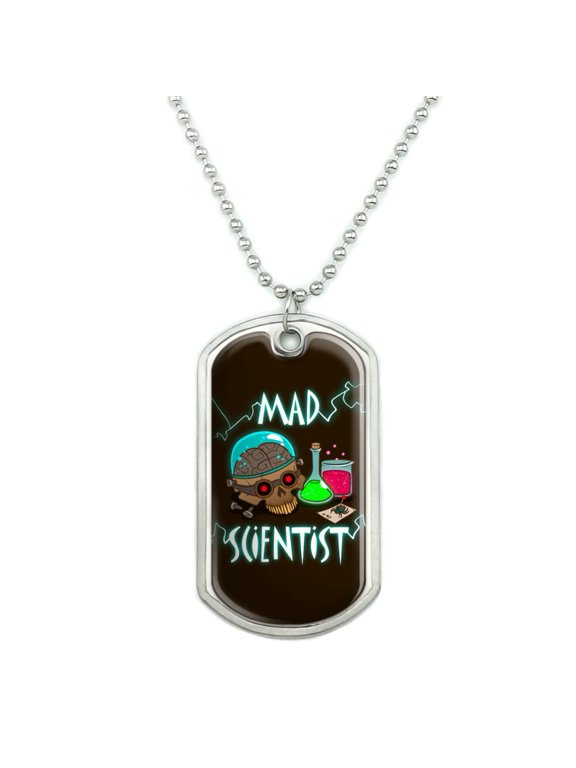 Mad Scientist with Beakers Brain Military Dog Tag Pendant Necklace with Chain