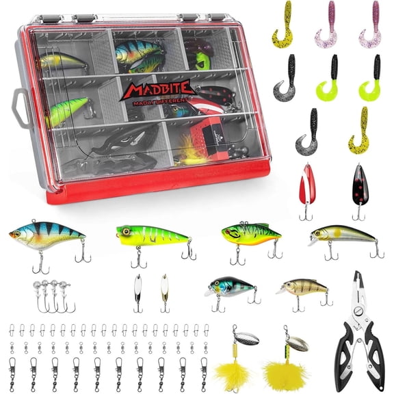 MadBite by KastKing Pro Fishing Lures Kit, Includes Crankbaits, Poppers,Spinners, Hooks, Weights, Fishing Accessories