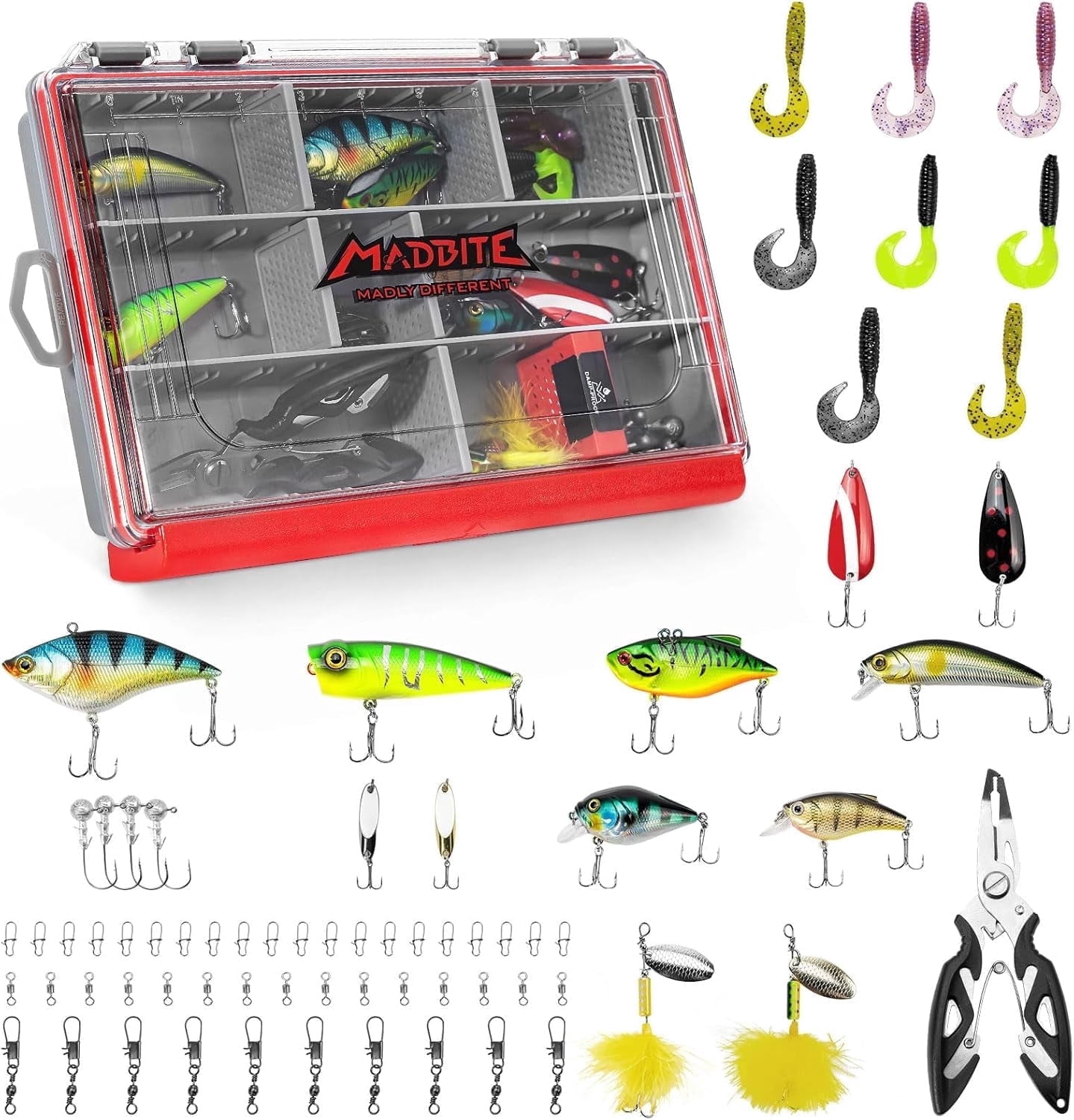 MadBite by KastKing Pro Fishing Lures Kit, Includes Crankbaits, Poppers,Spinners, Hooks, Weights, Fishing Accessories