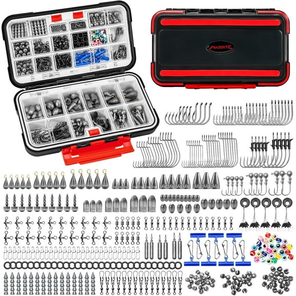 MadBite by KastKing 400pcs Compact Fishing Tackle Kit - Freshwater Hooks, Weights, Bobbers in Tackle Box, Fishing Gear Set