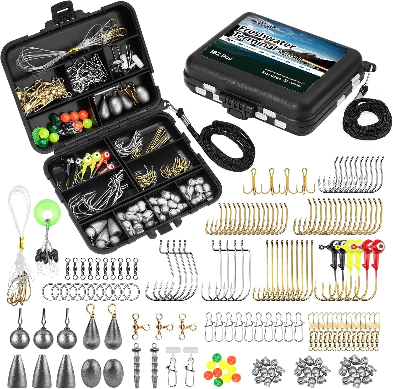 MadBite by KastKing 182pcs Compact Fishing Tackle Kit - Freshwater Hooks, Weights, Bobbers in Tackle Box, Fishing Gear Set