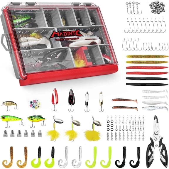 MadBite by KastKing Pro Fishing Lures Kit, 143pcs Fishing Gear kit with Waterproof Tackle Box & Pliers