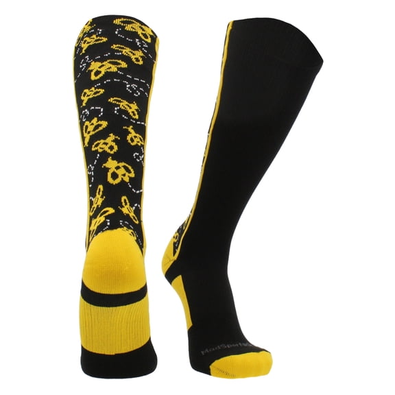 MadSportsStuff Crazy Socks with Bumble Bees Over the Calf (Black/Gold, Small)