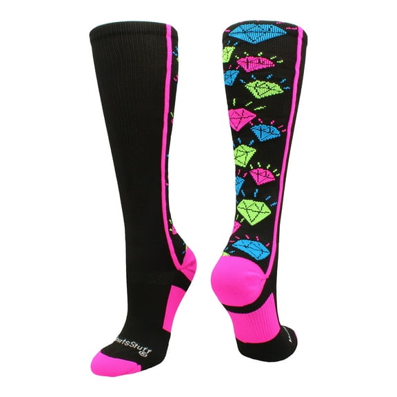 MadSportsStuff Crazy Socks with Diamonds Over the Calf (Black/Multi-Neon, Medium)