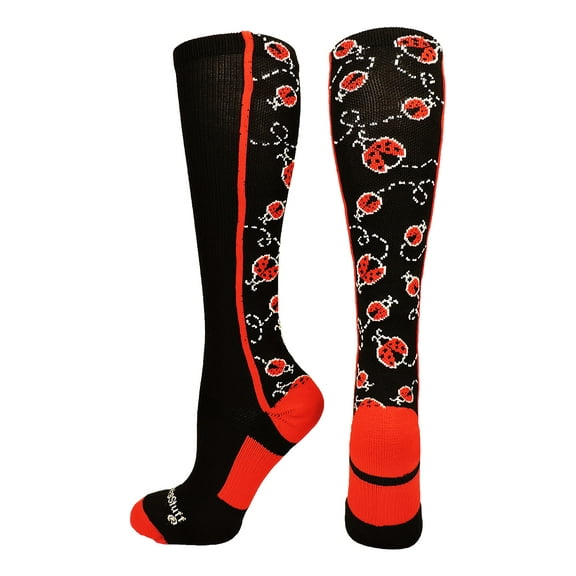 MadSportsStuff Crazy Socks with Ladybugs Over the Calf (Black/Red, Medium)