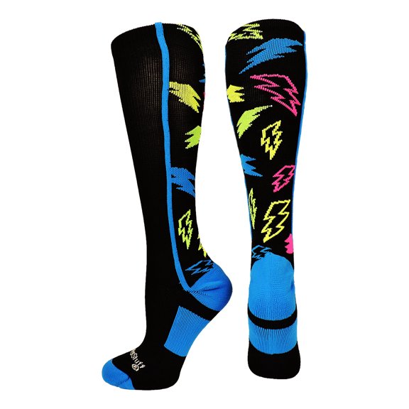 MadSportsStuff Crazy Socks with Lightning Bolts (Black/Multi-Neon, Small)