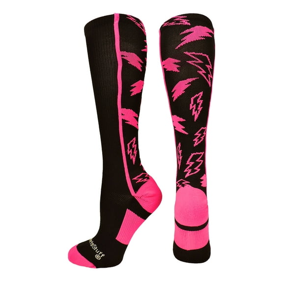 MadSportsStuff Crazy Socks with Lightning Bolts (Black/Neon Pink, Small)
