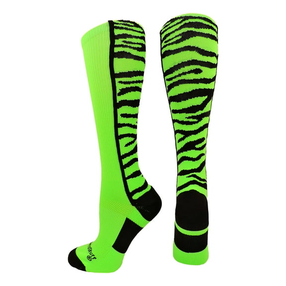 MadSportsStuff Crazy Socks with Safari Tiger Stripes Over the Calf Socks (Neon Green/Black, Medium)