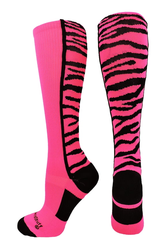 Crazy Socks with Safari Tiger Stripes Over the Calf Socks (Neon Pink/Black, Large)