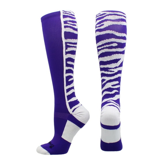 MadSportsStuff Crazy Socks with Safari Tiger Stripes Over the Calf Socks (Purple/White, Medium)
