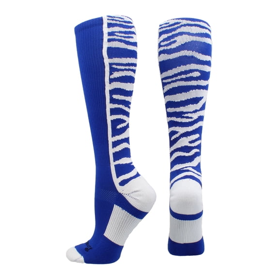 MadSportsStuff Crazy Socks with Safari Tiger Stripes Over the Calf Socks (Royal/White, Large)