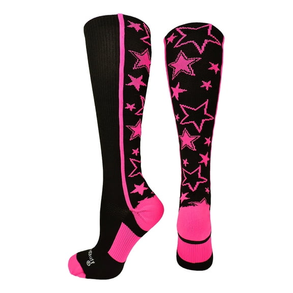 MadSportsStuff Crazy Socks with Stars Over the Calf Socks (Black/Neon Pink, Small)