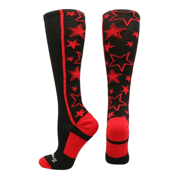 MadSportsStuff Crazy Socks with Stars Over the Calf Socks (Black/Red, Small)