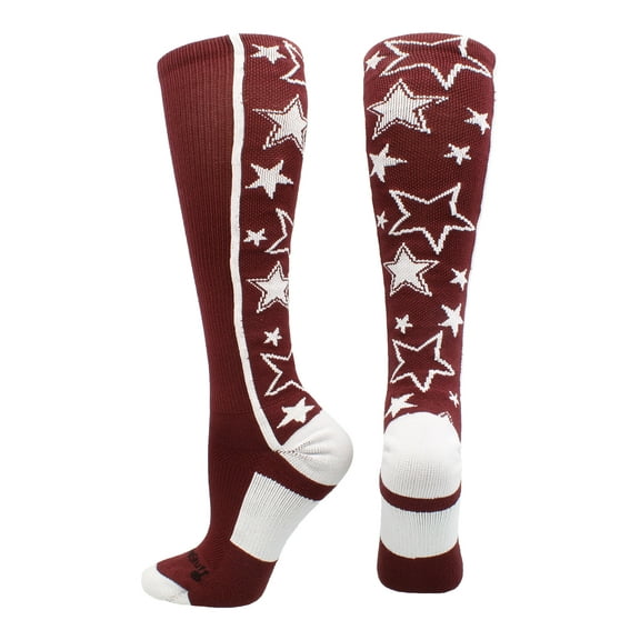MadSportsStuff Crazy Socks with Stars Over the Calf Socks (Maroon/White, Medium)