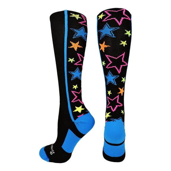 MadSportsStuff Crazy Socks with Stars Over the Calf Socks (Multi-Neon/Black, Medium)
