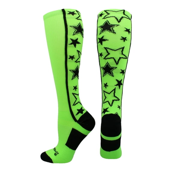 MadSportsStuff Crazy Socks with Stars Over the Calf Socks (Neon Green/Black, Small)
