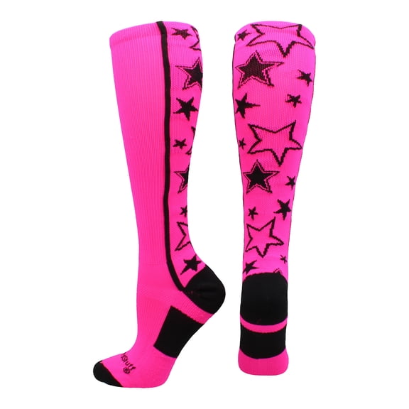 MadSportsStuff Crazy Socks with Stars Over the Calf Socks (Neon Pink/Black, Large)