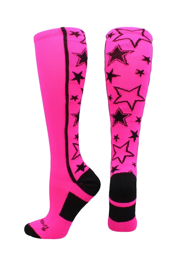 Crazy Socks with Stars Over the Calf Socks (Neon Pink/Black, Medium)