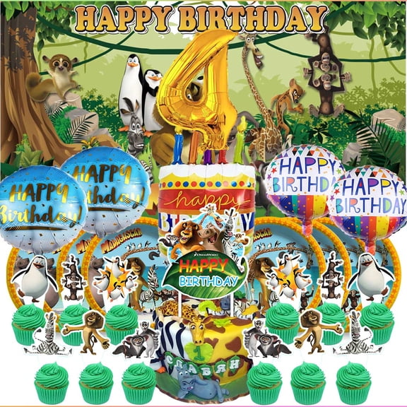 Madagascar 4th Tableware Balloons Cake Toppers Backdrop Banner Supplies Party Decor Plates Decorations