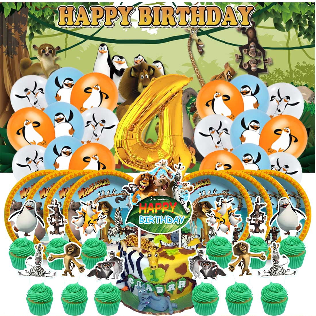 Madagascar Balloons Party Supplies 4th Decor Tableware Birthday Cake ...