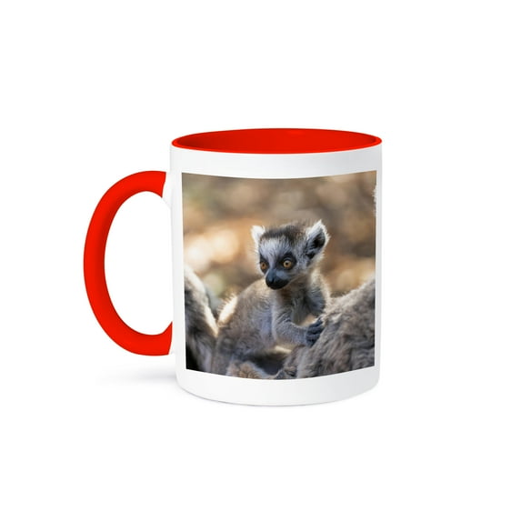 3dRose, Madagascar, Berenty Reserve Baby ring-tailed lemur between two adults, 15oz Two-Tone Red Mug