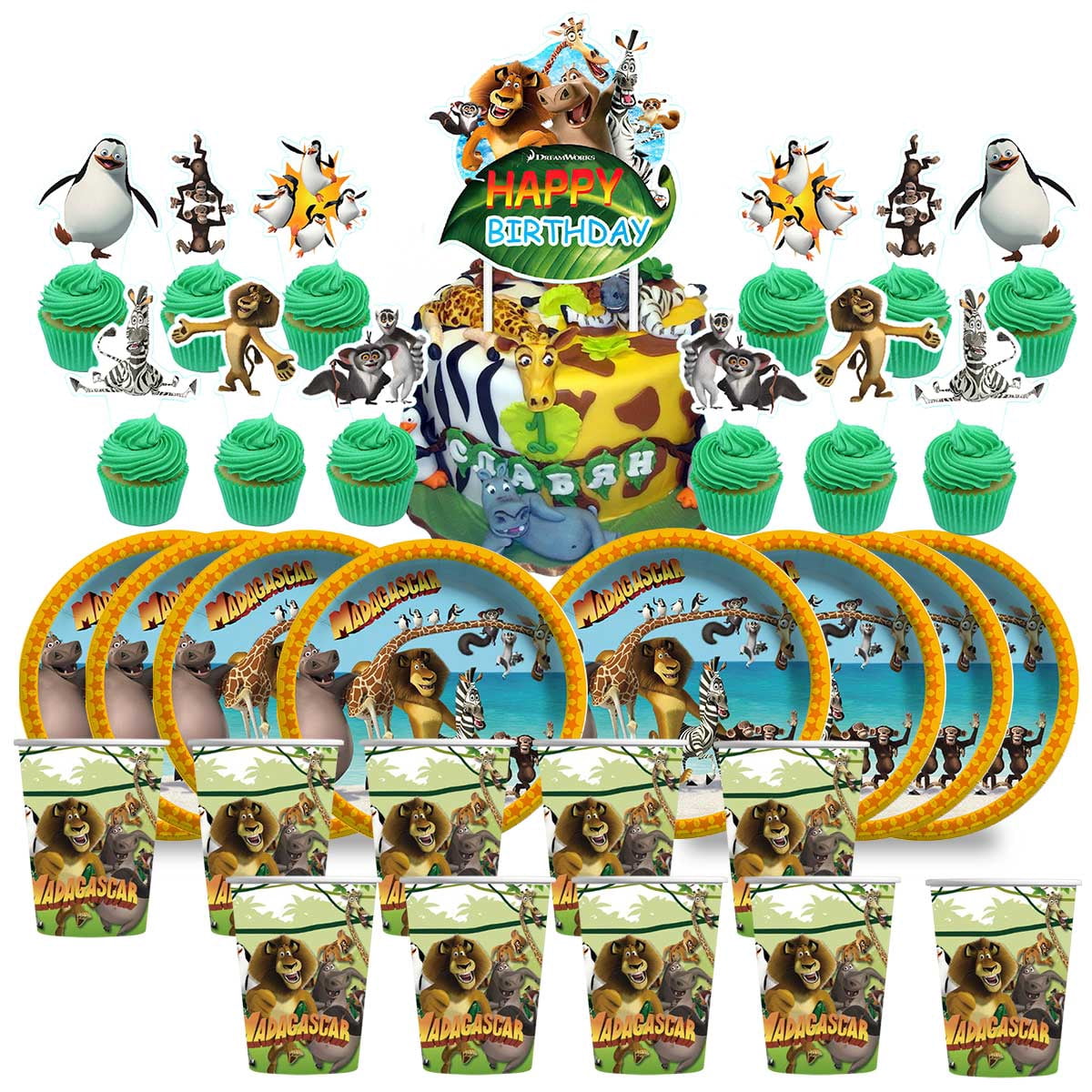 Madagascar Birthday Cups Party Supplies Plates Decorations Cake Topper ...