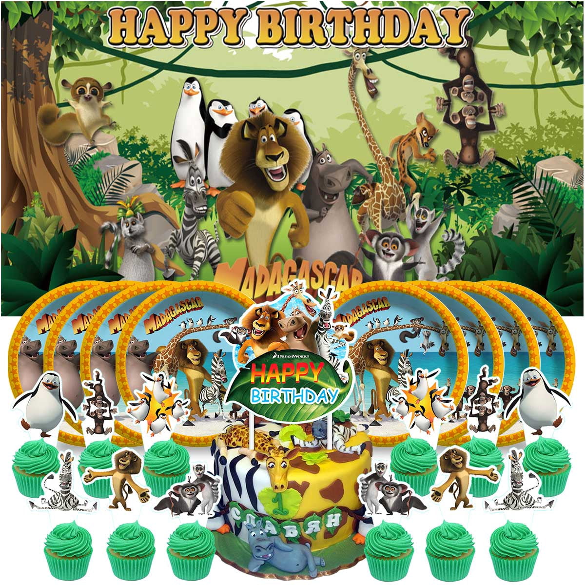 Madagascar Birthday Party Decor Set - 5x2.3ft Backdrop Banner, Paper ...