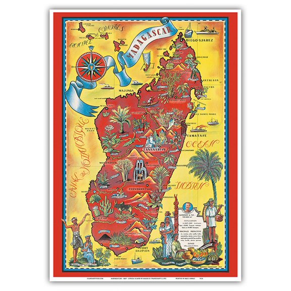 Madagascar Island - Vintage Pictorial Map by Maurice Tranchant c.1952 - Master Art Print 10in x 14in