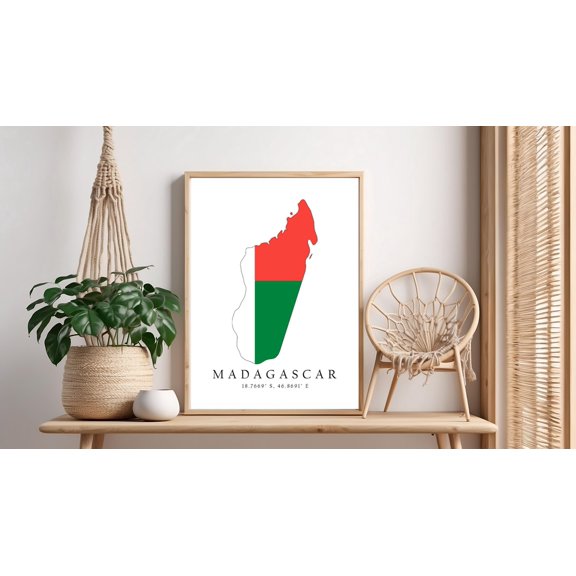 Madagascar Map Flag Colors Latitude Longitude Coordinates Decorative Wall Art Poster , Poster Print Only