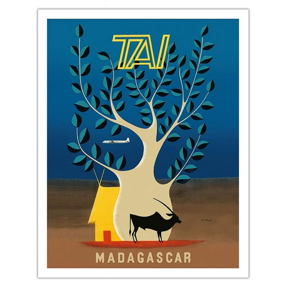 Madagascar - TAI (Transports Aériens Intercontinentaux) - Vintage Airline Travel Poster by F. Lesourt c.1950s - Fine Art Matte Paper Print (Unframed) 11x14in