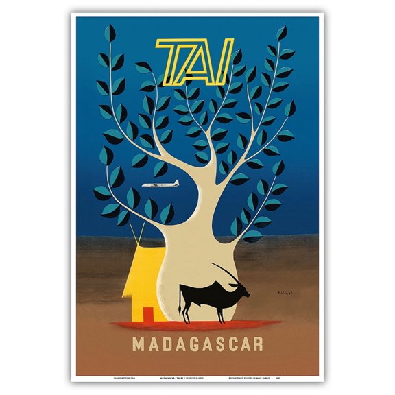 Madagascar - TAI (Transports Aériens Intercontinentaux) - Vintage Airline Travel Poster by F. Lesourt c.1950s - Master Art Print (Unframed) 13in x 19in