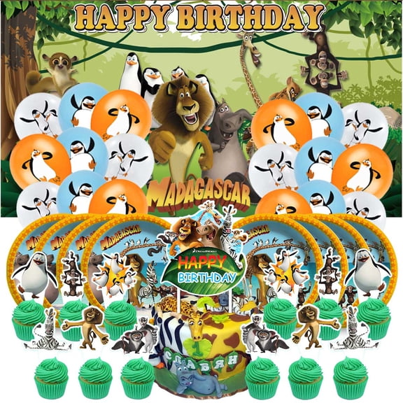 Madagascar Themed Birthday Party Decor Set - Balloons, Paper Plates, Cake Toppers, Tableware & 5x2.3ft Backdrop Banner