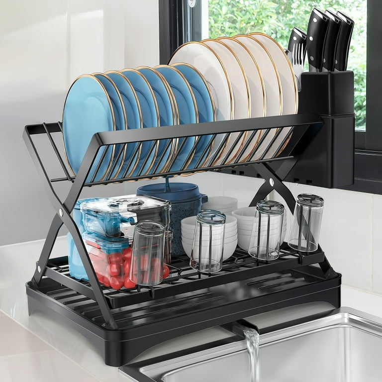  Dish Drying Rack - Large 2 Tier Dish Racks for Kitchen  Counter, Collapsible Dish Drainer with Utensil Holder for Dishes, Knives,  Spoons and Forks, Black