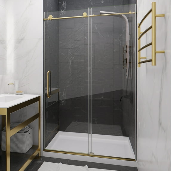 Madam Series 48 in. x 76 in. Frameless Sliding Shower Door in Brushed Gold
