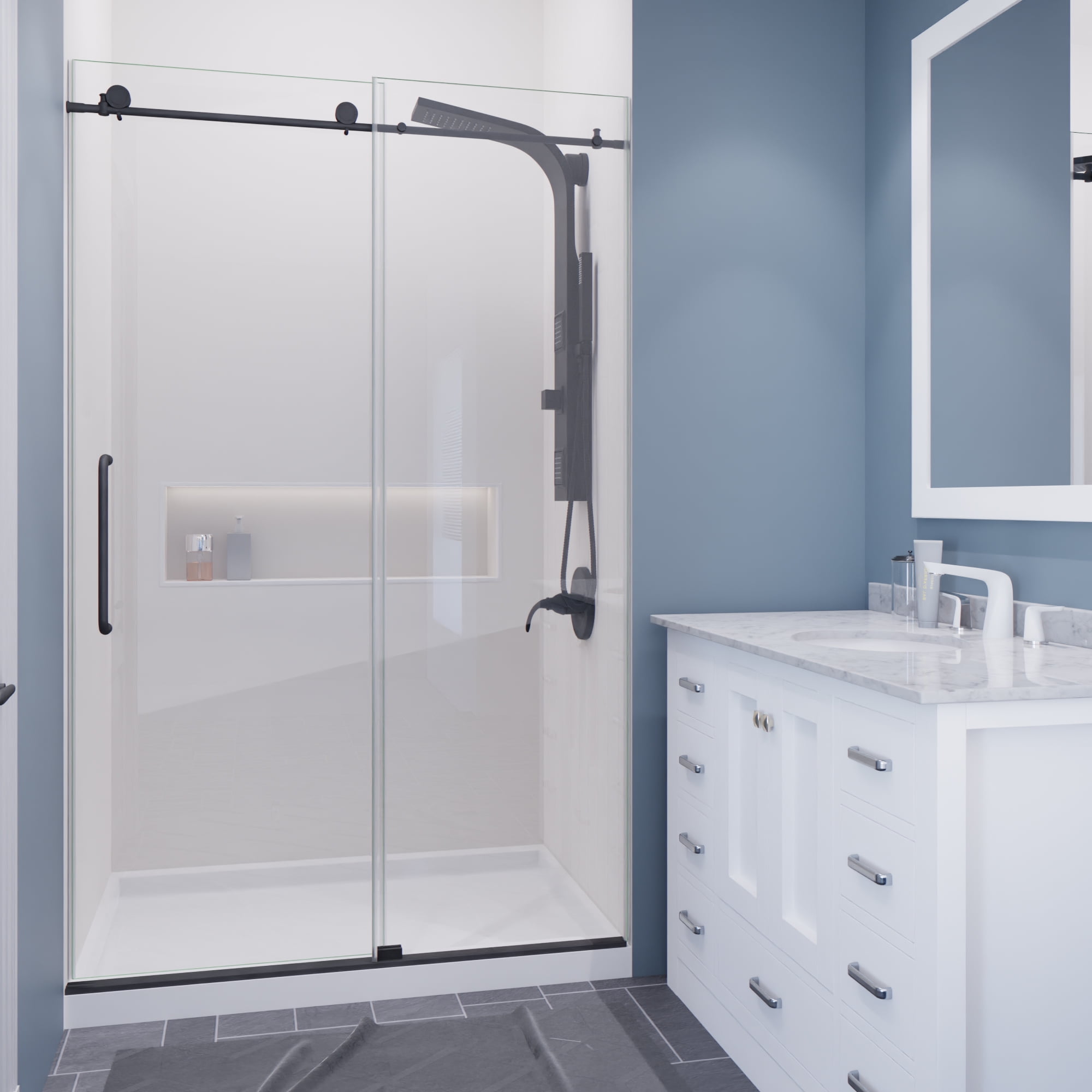 Gunmetal Frameless Sliding Shower Door with Handle, 48" x 76"