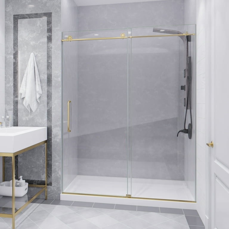 Leon 60 in. x 76 in. Frameless Sliding Shower Door in Brushed Nickel with Handle Leon 60 in. x 76 in. Frameless Sliding Shower Door in Brushed Nickel with Handle