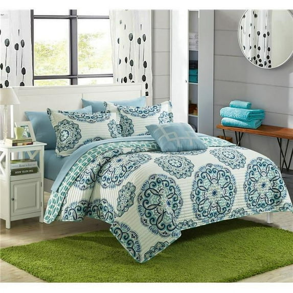 Madarcos Super Soft Microfiber Printed Medallion Reversible Geometric Printed Backing Quilt Set - Green - Large, Full & Queen - 4 Piece