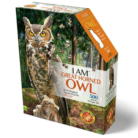 Madd Capp: I AM GREAT HORNED OWL - 300 Piece Jigsaw Puzzle, Bird-Shaped Puzzle, 29x12" Finished Size, Includes Fun Fact Booklet