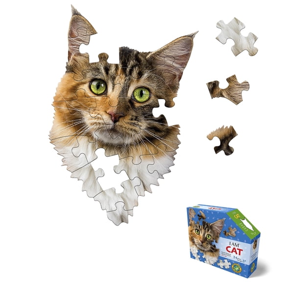 Madd Capp: I Am Cat - 24 Piece Puzzle - Kids Animal Head-Shaped Jigsaw, 12x18" Size, Oversized Pieces, Poster Reference, Educational Fun Fact Booklet