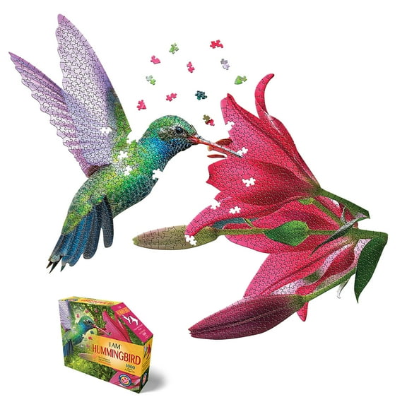 Madd Capp: I Am Hummingbird - 1000 Piece Puzzle - Unique Bird-Shaped Jigsaw, 36x31" Assembled Size, Poster Reference, Edcuational Fun Fact Booklet