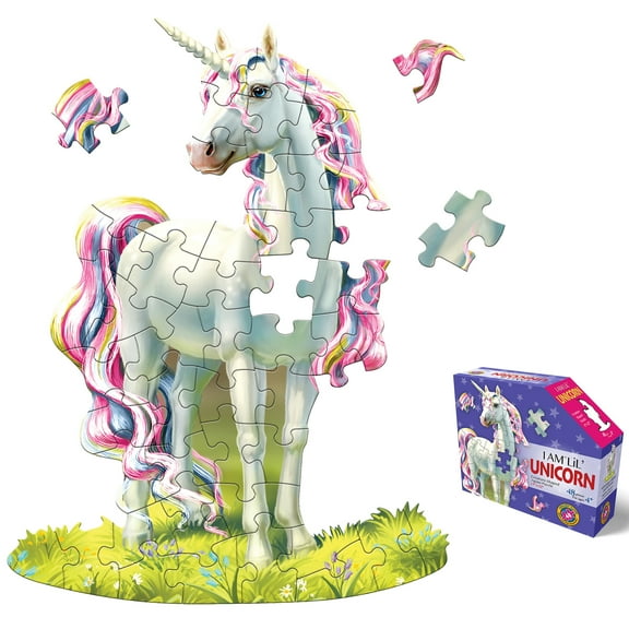 Madd Capp: I Am LiL' Unicorn - 48 Piece Puzzle - Kids Magical Creature-Shaped Jigsaw, 17x22" Size, Poster Reference, Educational Fun Fact Booklet