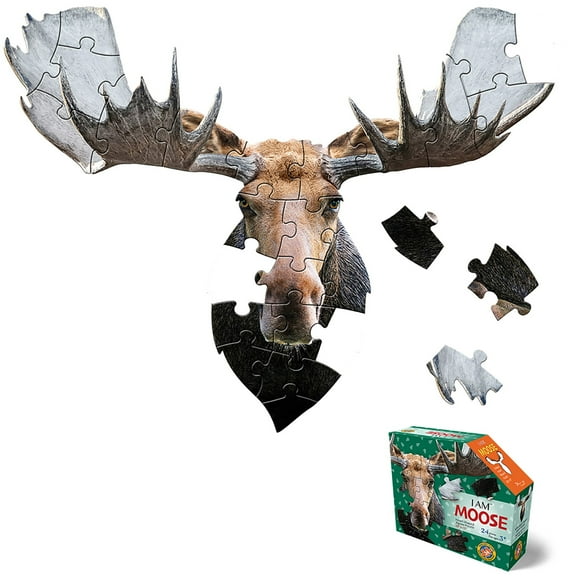 Madd Capp: I Am Moose - 24 Piece Puzzle -Kids Animal Head-Shaped Jigsaw, 20x15" Size, Oversized Pieces, Poster Reference, Educational Fun Fact Booklet