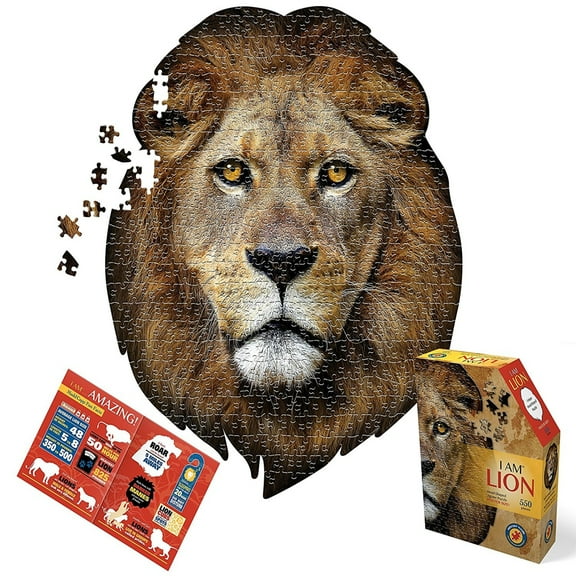 Madd Capp LION 550 Piece Jigsaw Puzzle For Ages 10 and up - 3001 - Unique Animal-Shaped Border, Poster Size, Challenging Random Cut, Five-Sided Box Fits on Bookshelf, Includes Educational Fun Facts