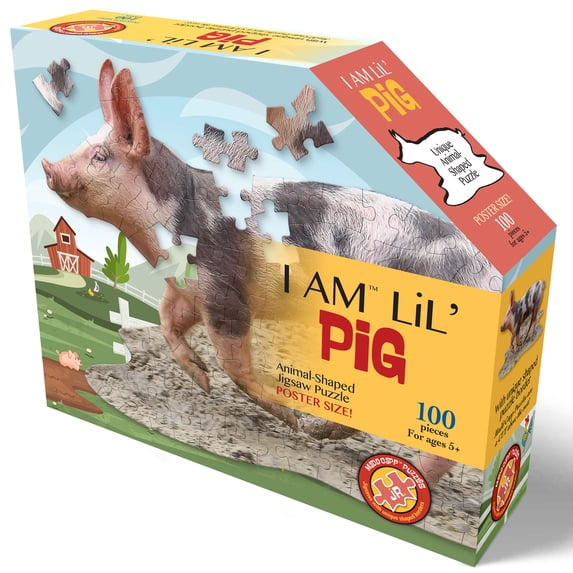 Madd Capp LiL' PIG 100 Piece Jigsaw Puzzle For Ages 5 And Up - 4019 - Unique Animal-Shaped Border, Poster Size when completed, Oversized Pieces For Easy Handling, Includes Educational Fun Facts