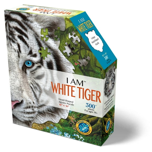 Madd Capp WHITE TIGER 300 Piece Jigsaw Puzzle For Ages 10 and up - 6004 - Unique-Shaped Border, Challenging Random Cut, Five-Sided Box Fits on Bookshelf, Includes Educational Madd Capp Fun Facts