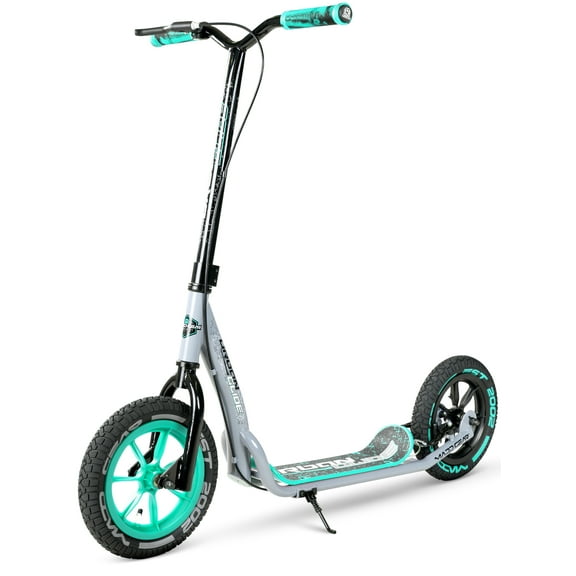 Large Kick Scooter for Adults & Teens – 12" Air-Filled Tires, Wide Deck, Handbrake, Kickstand – Madd Gear Urban Glide - Grey / Teal