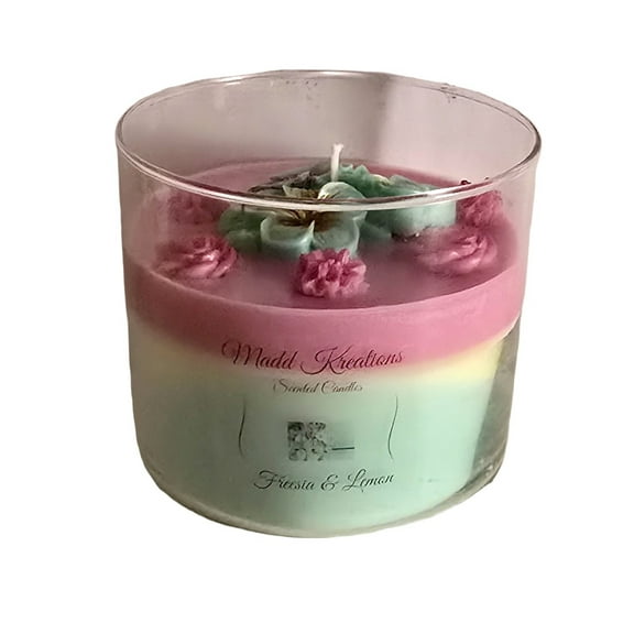Madd Kreations Handcrafted Floral Scented Candle, Fresia and Lemon, Pink and Mint Layered Design with Decorative Flowers