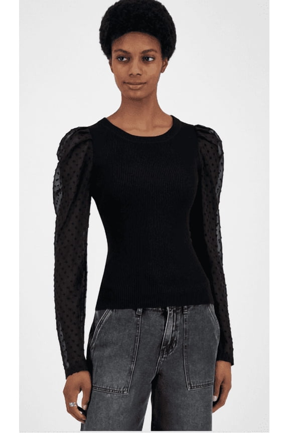 Juniors' Ribbed Clip-Dot Sleeve Sweater - Black