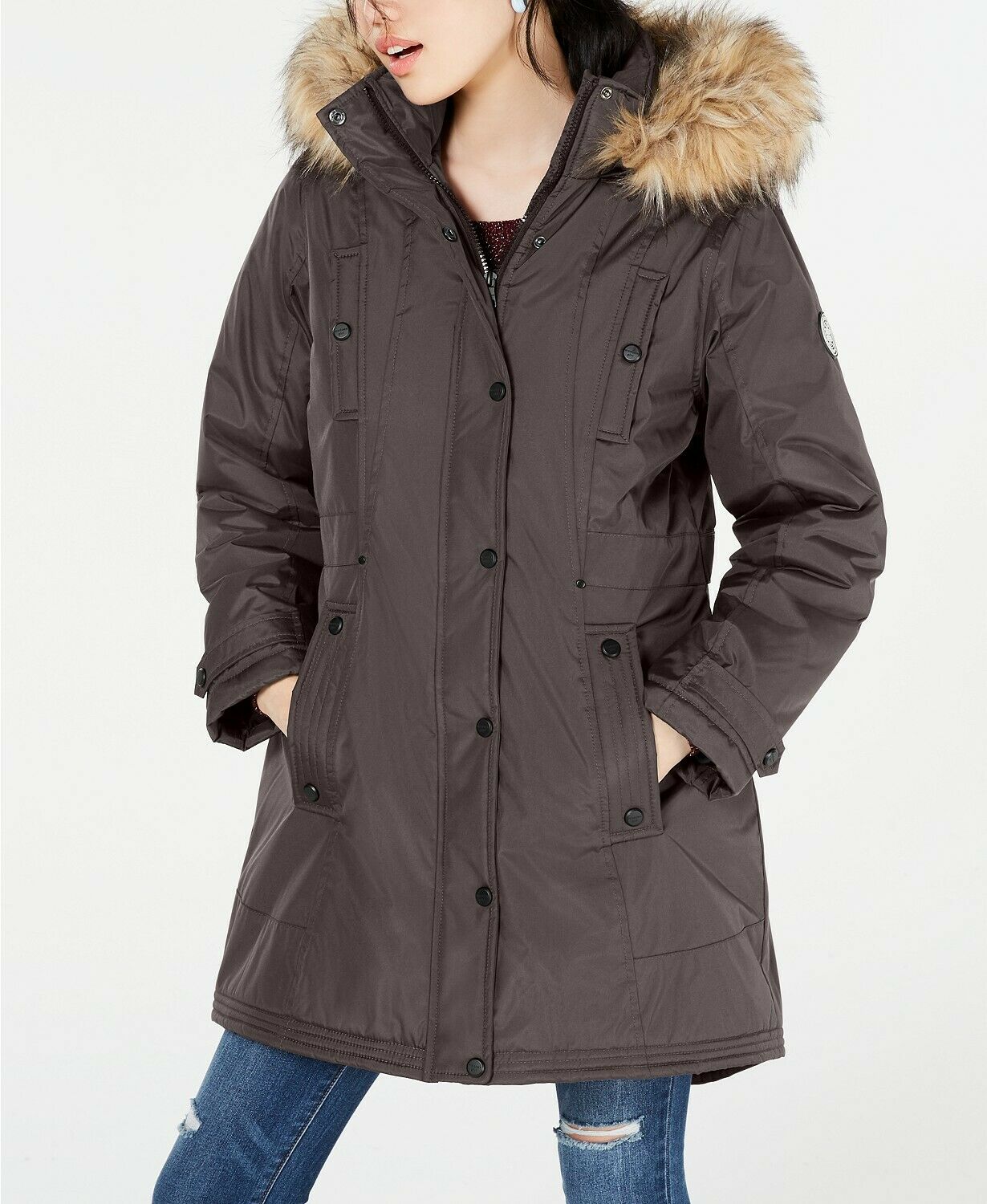 Madden Girl Juniors Women's Faux Fur Trim Hooded Parka Jacket, Gray XS - NEW - image 1 of 3
