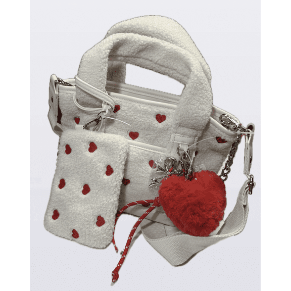 Madden Girl Red Heart Sherpa Mini Tote Bag with Charms